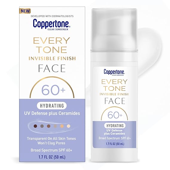 Coppertone Every Tone Invisible Face Sunscreen Lotion SPF 60, 1.7 FL OZ | Hydrating UV Defense Sunscreen for Face with Ceramides, Blends in Clear Sunscreen for All Skin Tones, Non Comedogenic