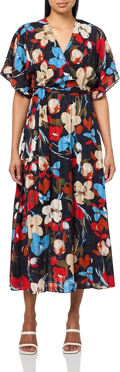 HALSTON Women's Short Sleeve V-Neck Chiffon Dress