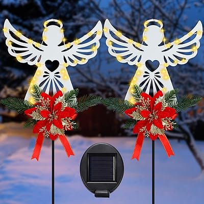 Baquler 2 Pack Christmas Solar Angel Stake Lights 32 Christmas Cemetery Grave Decorations with Poinsettia for Xmas Cemetery Memorial Outdoor Yard Pathway Garden Lawn Decorations