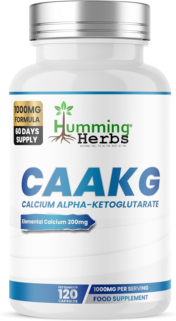 Humming Herbs Calcium Alpha-Ketoglutarate Supplement (CaAKG) 1000mg | 200mg Elemental Calcium (25% NRV) | 120 VeganCapsules | 60 Day Supply | Energy Metabolism Support