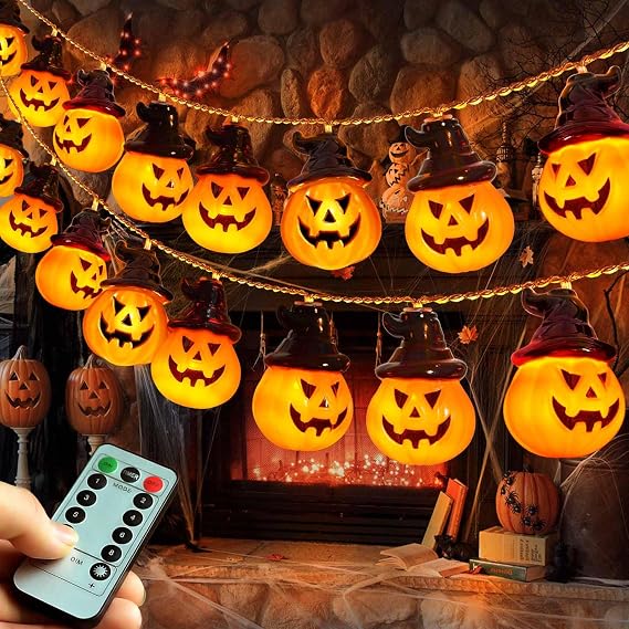 Battery Operated Pumpkin Lights for Halloween Decorations Indoor, Jack-o-Lantern String Lights for Halloween Party Front Door Porch Fireplace Camper Golf Cart Parade Garland Wreath Decor