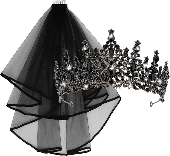 CIEHER Black Crown & Black Veil Gothic Bridal Tiara Veil