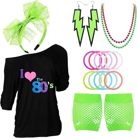 Halloween 80s Outfits Costume Accessories for Women,Off Shoulder T-Shirt for 80s