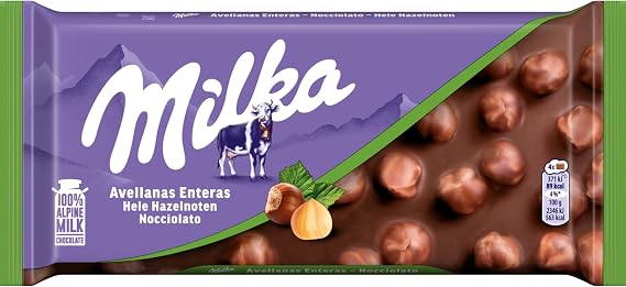 Milka Milk Chocolate Tablet with Whole Hazelnuts, 95 g | Milka Alpine milk chocolate tablet with whole hazelnuts, to enjoy at any time of the day