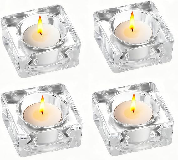 4 Pcs Clear Glass Tealight Candle Holders, Assorted Shapes, Fits Tea Lights With Diameter Up to 4cm, Perfect for Home Decor, Wedding, Party & Table Centerpieces (Square Shape)