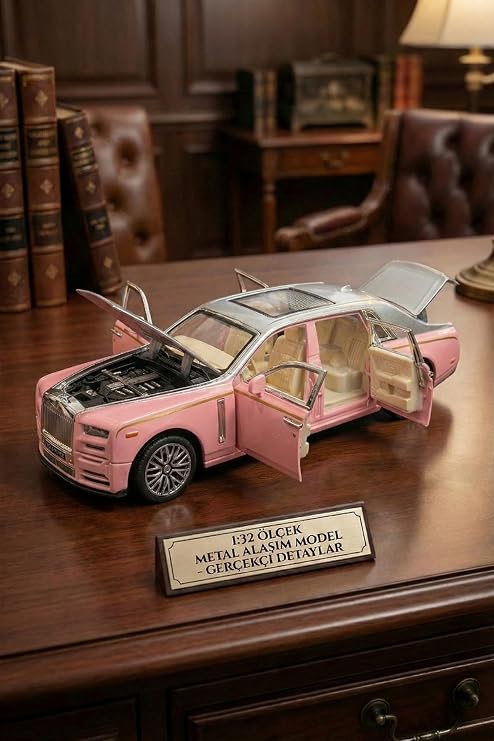 Rolls Royce Phantom 1:32 Ölçek Metal Model Araba - Pembe, Sesli ve Işıklı, Kapıları Açılan (18 cm)