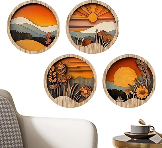 4 Pieces Boho Wooden Wall Art Decoration Bangladesh, Framed Wall Art For Living Room Minimalist, Geometric Artwork Abstract Plants Desert Sun For Farmhouse Bedroom Office 20x20x0.5cm