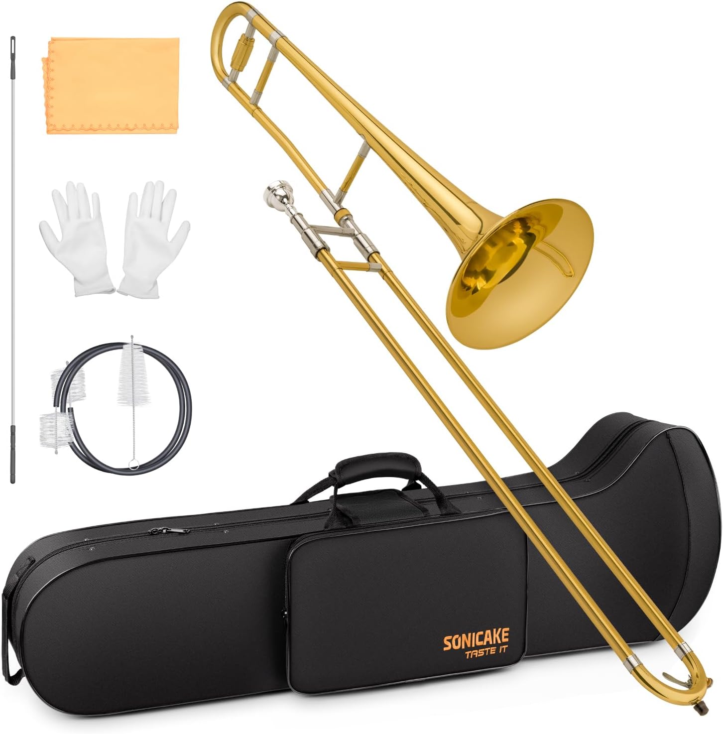 SONICAKE Bb Tenor Slide Trombone for Beginners Gold Lacquer Brass Trombone Full Kit with 7C Mouthpiece, Hard Case, Gloves