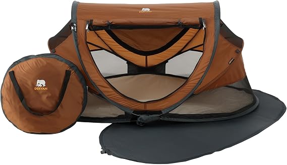 DERYAN Toddler Travel Cot with Mattress from Birth to 4.5 Years - Pop Up Bed Tent Set Up in 2 Seconds - Includes Mosquito Net and Travel Bag, Fast & Compact Folding, Lightweight (Caramel)