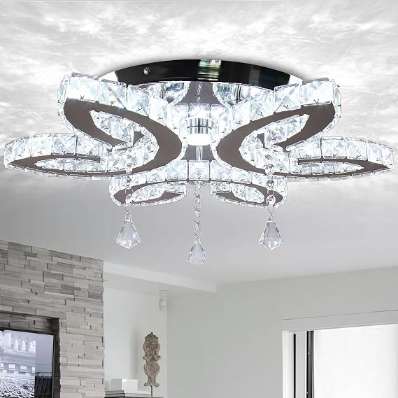 FRIXCHUR 20.4" Flower Crystal Chandelier LED Ceiling Light Cool White