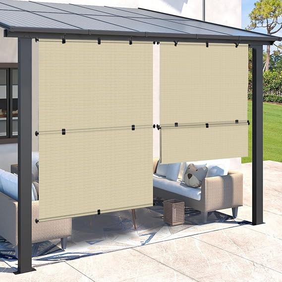 SunnyRoyal 6'W X 6'H Patio Roller Shades Foldable Sun Shade Outdoor Cordless Roll Up Blinds for Deck Backyard Porch Balcony (Beige)