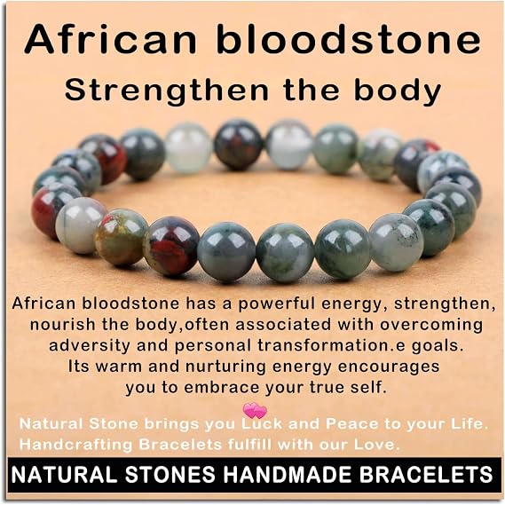 AD Beads Handmade Gemstone Stretch Elastic Bracelet Crystal Healing Reiki Nature's Beauty and Spiritual Essence Unisex (8mm, African Bloodstone (Strengthen the Body))