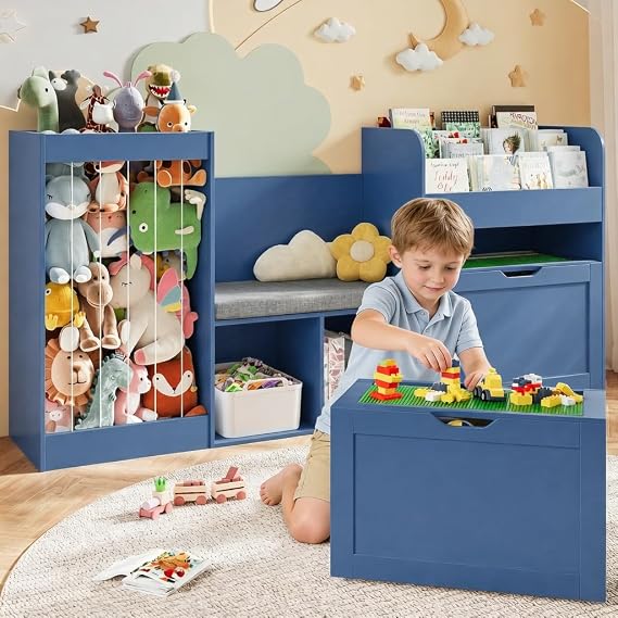 VontinT 68.9" W Wooden Reading Nook Kids Bookshelf Toy Storage Organizer