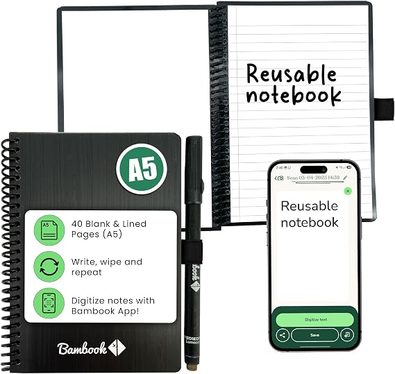 BAMBOOK Classic - Reusable Notebook - Original - A5 - Blank & Lined - Rewritable Notebook, Dry Erase Board Notebook, Whiteboard Notebook, Erasable Notebook - Includes Free Pen App