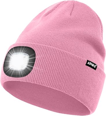 ATNKE LED Lighted Beanie Hat,USB Rechargeable 4 LED Running Headlamp Ultra Bright Cap with Light Gifts for Men and Women#Pink