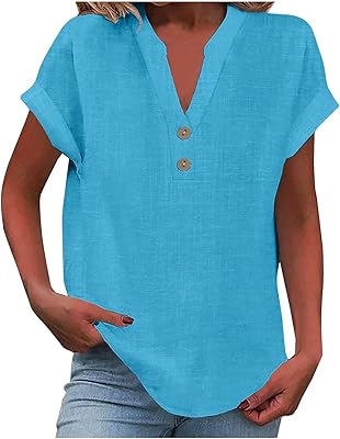SMIDOW Womens Short Sleeve V Neck Button Tunic Blouse