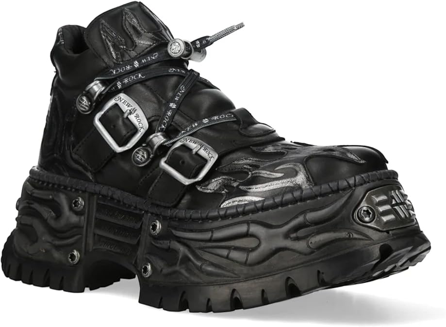 New Rock NEWWALL020-C4 Unisex Black Leather Gothic Biker Platform Punk Ankle Boots