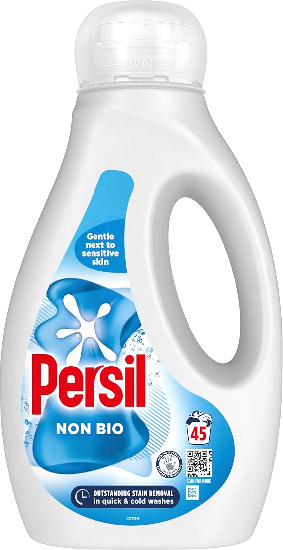 Persil Non Bio Laundry Washing Liquid Detergent outstanding stain removal in quick & cold washes tough on stains, gentle next to sensitive skin 45 washes (1.215 L)