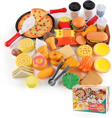 Play Food Sets for Kids Kitchen, 56Pcs Toy Food Set with Fake Pizza Toy, Play Kitchen Accessories, Storage Bag, Kitchen Foods Toy for Kids Toddlers Boys Girls