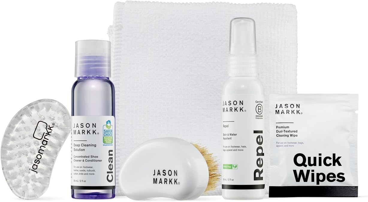 Jason Markk Starter Box, Shoe Cleaning Kit, 6-Piece Set, Deep Cleaning Solutions, Two Brushes, Microfiber Towel, Sneaker Care, Ideal for Footwear, Safe on Leather, Suede, Nubuck, Cotton, Knits, 2oz