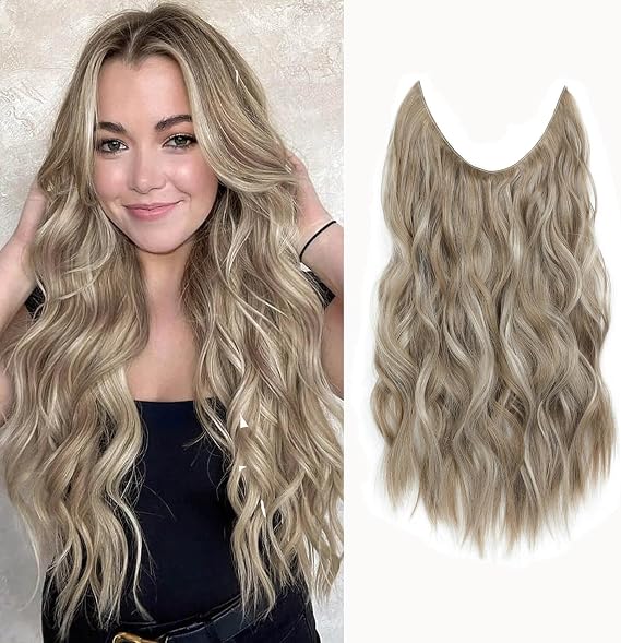 Ms TAj Ash Blonde Halo Hair Extensions 20inch with Adjustable Size Removable Clips Invisible Secret Synthetic Curly Hairpiece for Women