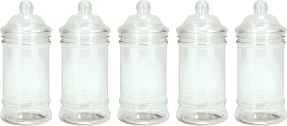 Britten & James Pack of 5 Clear Plastic Jars with Victorian Lids 500ml | Storage containers for Sweets, Candy, Supplements, Gifts and Coins. Ideal for Parties, Birthdays, Weddings