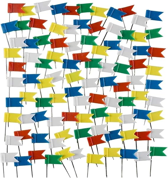 Map Flag Push Pins,Travel Map Pins 100 Pack Colored Thumb Tacks with Flags Plastic Head for Travel Map Cork Board Bulletin 7 Random Colours