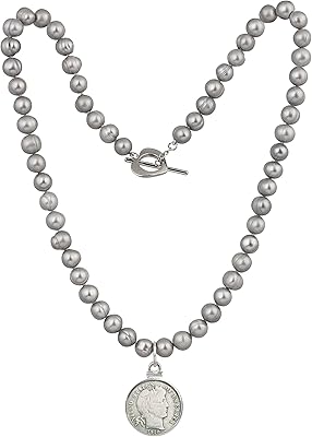 Barber Dime Coin Pendant | Grey Pearl Necklace | Heart Toggle Closure