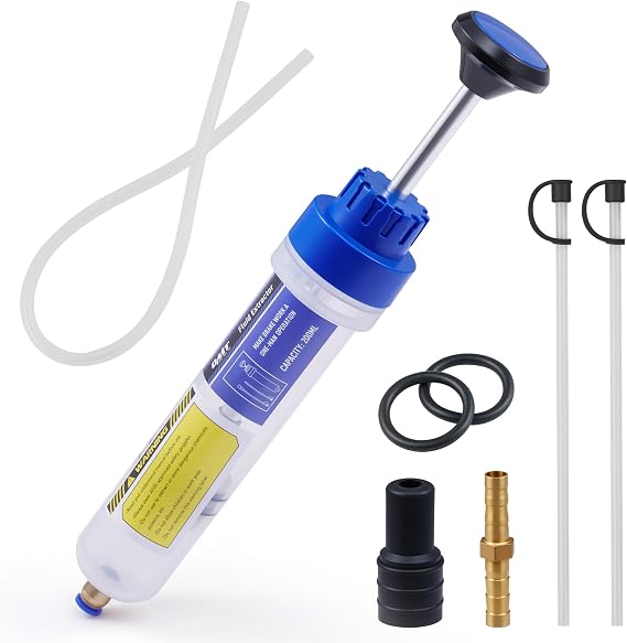 OMT Manual Fluid Extractor Syringe Pump for Auto Oil Change, 200mL Blue | Heat & Chemical-Resistant Polyethylene Body, Double O-Ring Leakproof Seal, Clear Dual Scale Markings, 3 Extension Hoses
