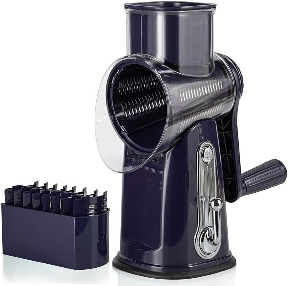 5-in-1 Rotary Cheese Grater with Handle Stainless Steel Blades, Vegetable Slicer & Shredder, Nut Grinder, Carrot & Cabbage Grater, Easy-to-Clean Kitchen Tool (Purple)