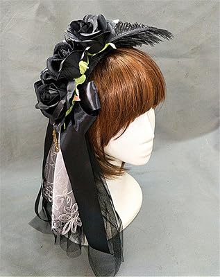 Sweet Lolita Pink Rose Blossoms Wedding Bowknot KC Headband Feather Gothic Veil Headdress Hair Accessory Black