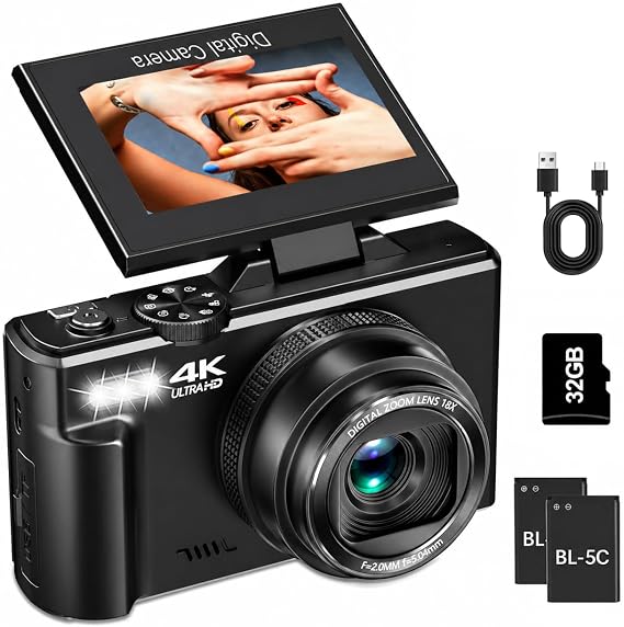4K Digital Camera for Photography, 64MP Vlogging Camera for YouTube | Point-and Shoot Camera with WiFi Sharing, 18X Digital Zoom, 3" 180 Flip Screen, 32GB Micro SD Card & 2 Batteries, Black