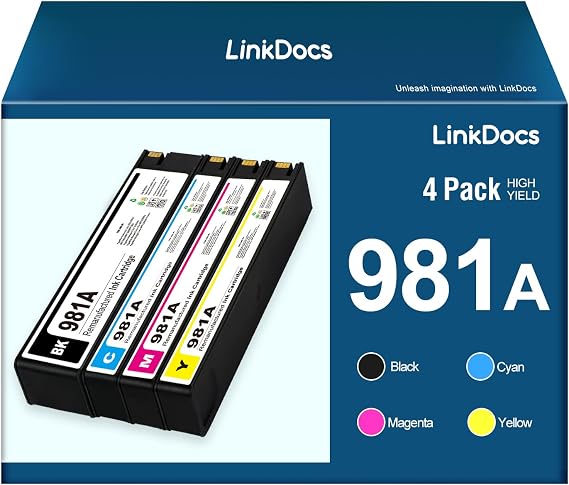 LinkDocs Remanufactured HP 981A 981 Ink Cartridges Used with HP PageWide Enterprise Color 556dn 556 Flow MFP 586dn 586f 586 Printer (4-Pack)
