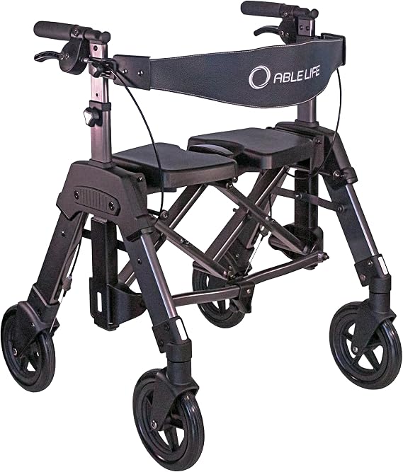 Able Life Heavy Duty Space Saver Rollator, Folding 4-Wheel Rolling Walker with Extra Wide Seat and Large 8-inch Wheels for Seniors and Elderly, 450-pound Weight Capacity, Black Walnut