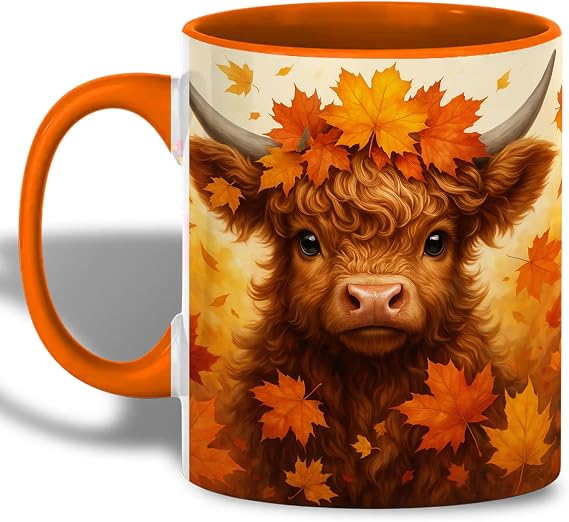 Cute Baby Highland Cow Autumn Mug, Adorable Calf With A Fall Maple Leaf Crown, 11oz Two-Tone Ceramic Cup, Cozy Farmhouse And Thanksgiving Gift For Her, Daughter