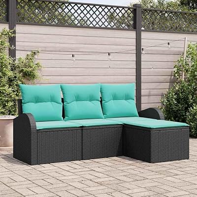 Garden Sofa Set 4 Piece Outdoor Patio Furniture with Cushions Black Poly Rattan Modular Conversation Set for Terrace Garden Balcony