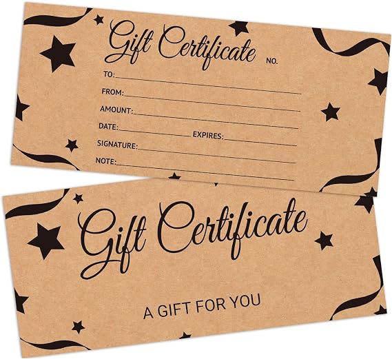 BPFY 50 Pieces 4X9 Inch Blank Gift Certificates Cards for Business, Rustic Gift Certificates for Spa, Salon, Restaurants, Vouchers Cards for Holiday, Birthday, Anniversary, Bay Shower Coupons