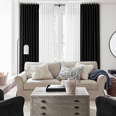 Nanspring Black Linen Blackout Curtains 102 inches Long 2 Panels Set & White Linen Sheer Curtains 102 inches Long 2 Panels Set for Living Room Bedroom