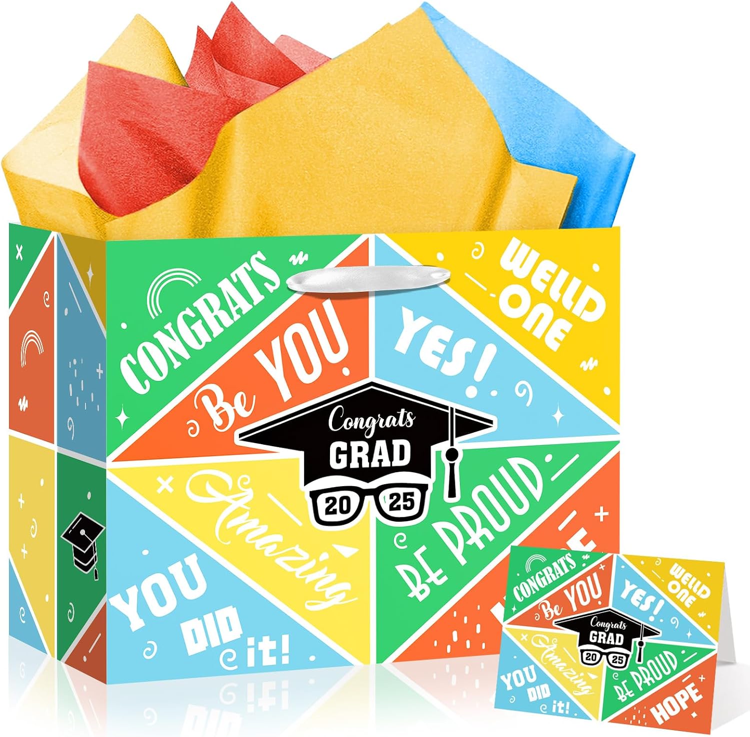 Yomaiha Yellow Blue Orange Graduation Gift Bag Class of 2025 Graduation Wrapping Paper Congrats Grad Party Favors Bag with Tissue Paper and Greeting Card for Senior Junior College Grad Party Supplies