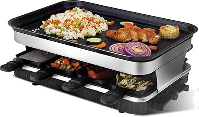 Raclette Grill 8 People Grill Plate Non-stick Coated, Raclette with 8 Mini Raclette Pans, Infinitely Adjustable Temperature, 1500W