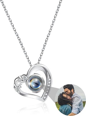 Custom Photo Necklace with Picture Inside, Personalized Heart Photo Necklace, I Love You Necklace 100 Languages Photo Pendant, Picture Projection Necklace for Girlfriend Wife Birthday Anniversary