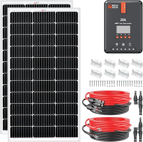 RICH SOLAR 200 Watt 12 Volt Monocrystalline Solar Starter 20A MPPT Charge Controller/Mounting Z Brackets/Tray Cable/Adaptor Kit