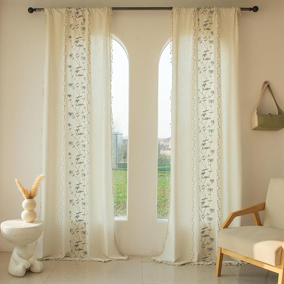 BHUSB Embroidered Bedroom Curtains Boho Floral Curtains 84 Inch 2 Panels | Farmhouse Linen Blend Semi Sheer Drapes for Living Room Light Filtering Window Treatments Rod Pocket Tassel, Blue on Beige