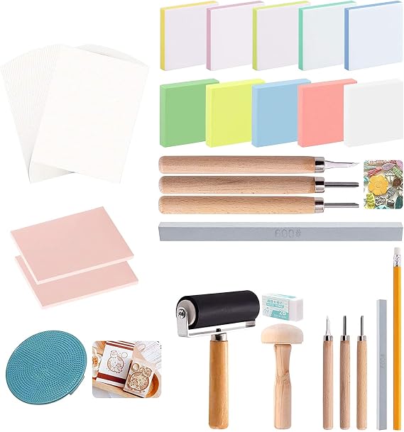 Keadic 41 Pieces Rubber Stamp Making Kit, Includes 2 Rubber Stamps Carving Blocks, 3 Carving Tools & Whetstone, Tracing Papers, Brayer Roller, Block Printing Tools for Stamp Carving and Printmaking