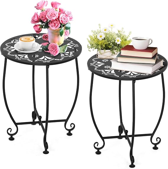 2 Pack 17Inch Hight Outdoor Side Tables for Patio, Weather Resistant Steel Patio Side Table, Small Round Outdoor End Table Metal Side Table for Patio Yard Balcony Garden Black (Flowers)