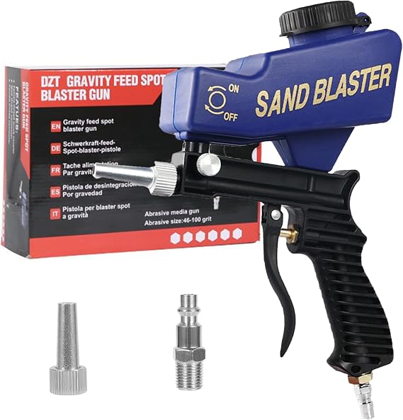 Sand Blaster Gun with Gravity Feed,Hobby Handheld Sandblaster Gun for Metal,Wood Paint/Rust Removal and Glass Etching,Up to 90 PSI Blasting Medial,Requires Air Compressor,Blue