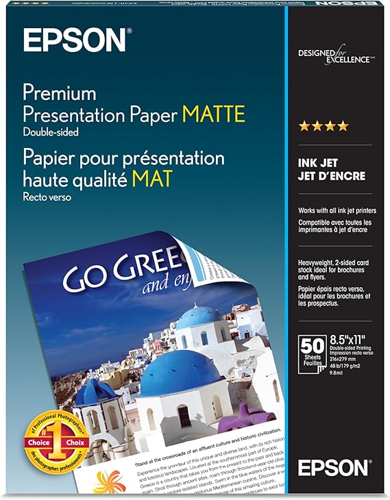 Epson Premium Presentation Paper MATTE 8.5x11 Inches, Double-sided, 50 Sheets S041568,Bright White