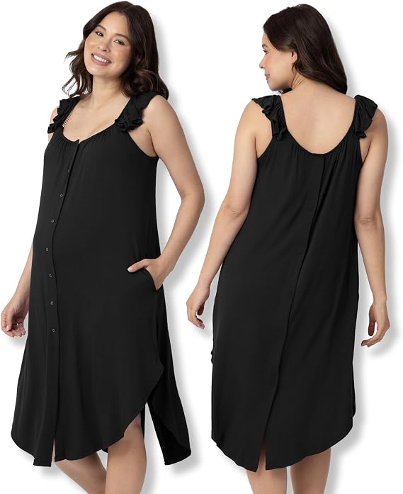 Kindred Bravely Ruffle Strap Labor and Delivery Gown for Birthing & Nursing | Soft maternity hospital gown with velcro for monitoring, epidural, skin-to-skin contact, breastfeeding nightgown with pockets