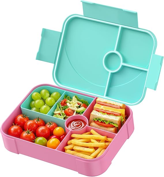 LEIKEEGO Lunch Box Kids, Leak-Proof Bento Lunch Box Adults, Snack Box with 6 Compartment for Kids and Adults Work School(Green&Rose)
