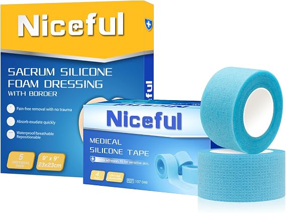 Niceful 4 Rolls Silicone Medical Tape for Sensitive Skin 1x4 yd, 5 Pcs Sacrum Silicone Border Foam Dressing 9x9, Gentle Adhesive Wound Care Products for Bed Sore Pressure Ulcer